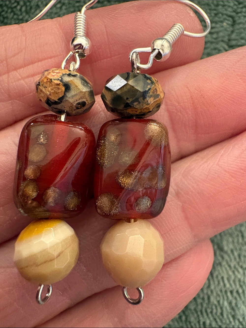 Hand Crafted Red Glass and Faceted Stone Drop Earrings - Women Jewelry - Picture 2 of 2